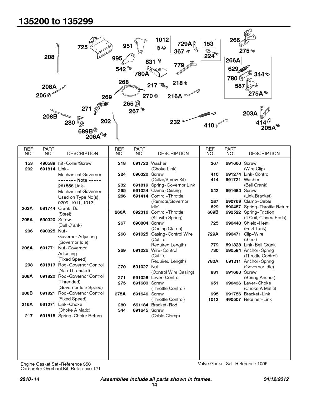 Controls 2 Diagram and Parts List for 135207-0325-XX  Briggs and Stratton Engine